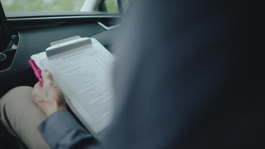 The driving instructor is writing on a form as someone drives