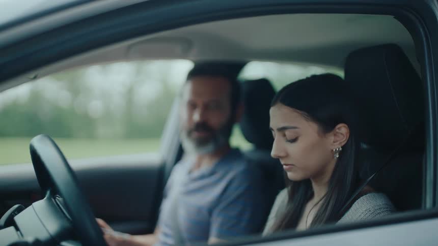 A driving instructor is talking to a teenager that is driving
