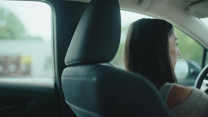 A woman in a parked car seat and is turning the steering wheel to drive slowly while adjusting her coat