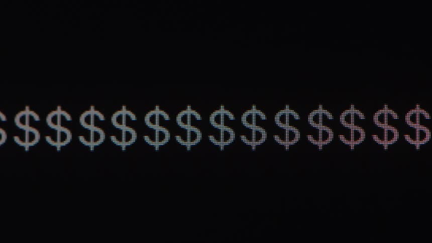 On a computer monitor a blinking cursor types out a series of dollar signs and then deletes them one by one