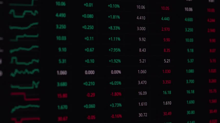 Close up of a device screen displaying a trading interface table scrolled through