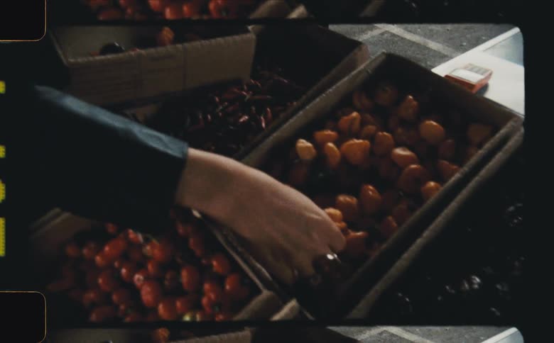 A hand reaches into a box of bright orange peppers at a market