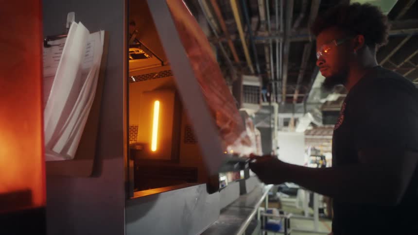 Man working in a factory opens the door of a machine revealing a glowing light