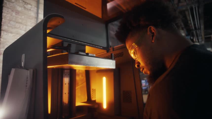 A worker wearing safety glasses and gloves attentively operating a machine with glowing orange interior lights the machine appears to be an industrial 3d printer and the worker is seen monitoring and interacting with ita worker wearing safety glasses