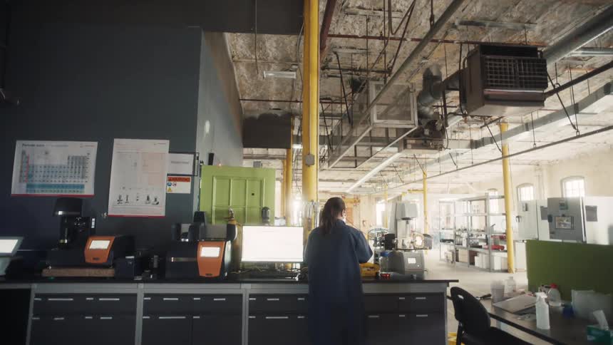 Female worker moves between a desk and a workstation in a factory during the daytime