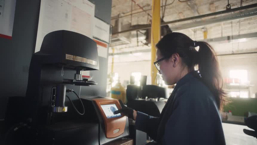 A female technician operates a testing machine inside a modern industrial workspace