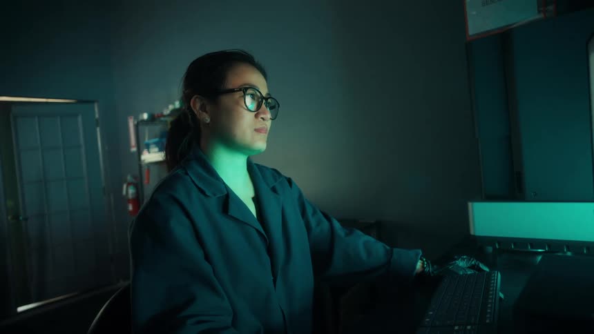 Young woman works with a desktop computer while sitting in an office inside a lab factory