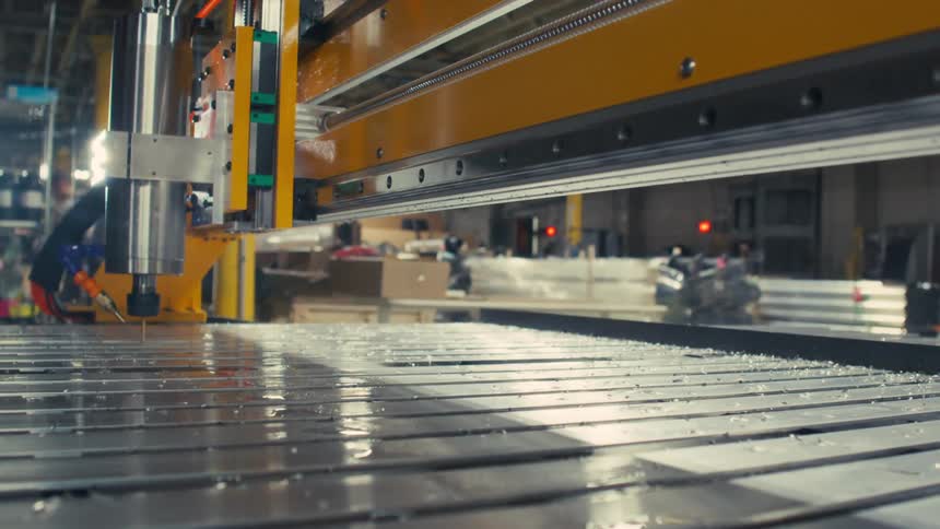 Close up of an automatic drilling machinery drilling holes into metal bars in a factory