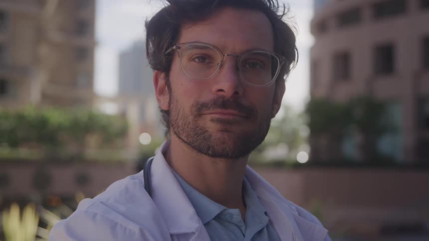 A man wearing glasses and a striped tie looks directly at the camera with tall city buildings in the background