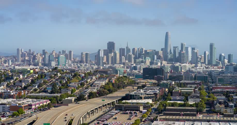 Aerial view of a metropolis with urban roads and skyscrapers