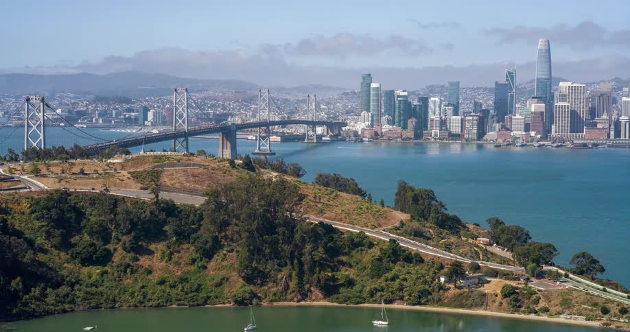 The skyline is past the bridge