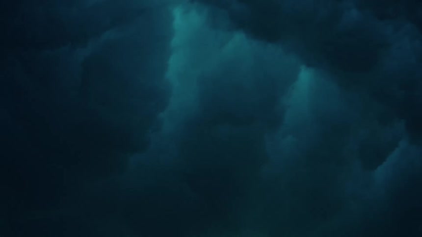 An underwater scene with dark murky water and visible clouds on the surface suggesting a submerged camera looking up towards a cloudy sky the water is actively moving creating ripples and distortions on the surface as the camera subtly shifts