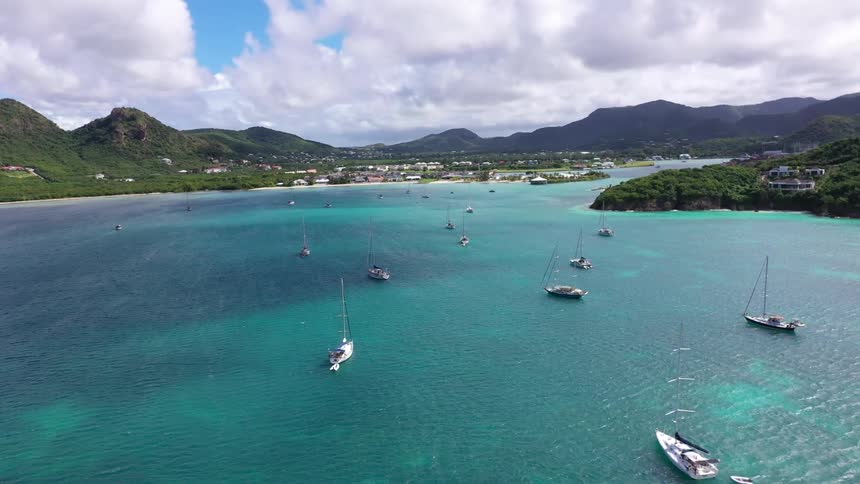 Many boats float in the blue water near a coastal town surrounded by forest and mountains on a cloudy day
