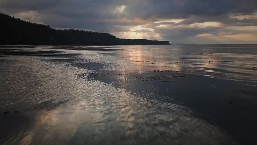 Calm ocean reflecting the cloudy dawn sky