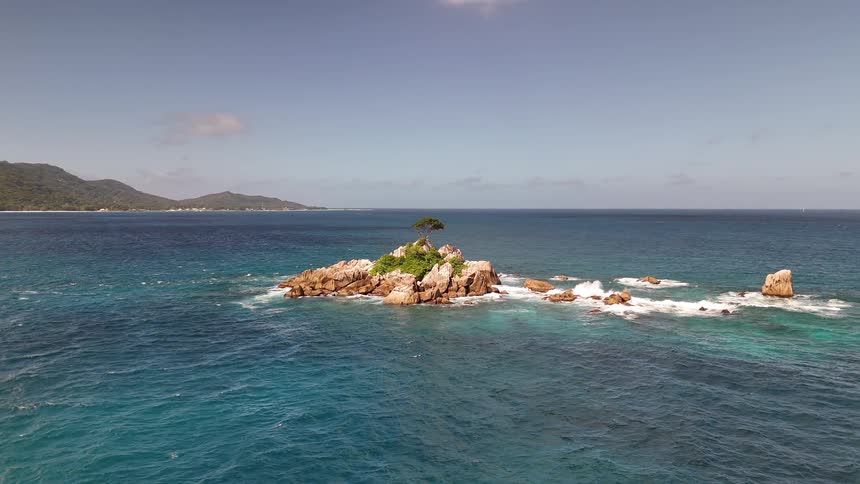 A small rocky island with a single windswept tree rises from turquoise ocean waves under a clear blue sky