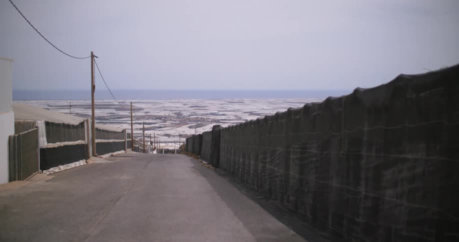 A paved road flanked by metal fences slopes toward flat agricultural fields with the ocean stretching across the distant horizon