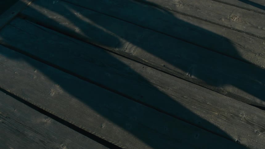 A couple walks along a wooden pier in the morning casting long shadows across the sunlit planks