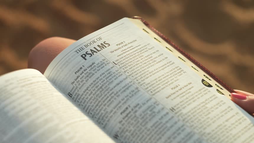 Woman sitting on the beach on a windy day reads a bible