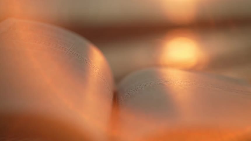 An open book with pages visible illuminated by a warm golden light that creates flares and soft shadows the light source possibly the sun is out of frame giving the scene a soft and tranquil ambiance