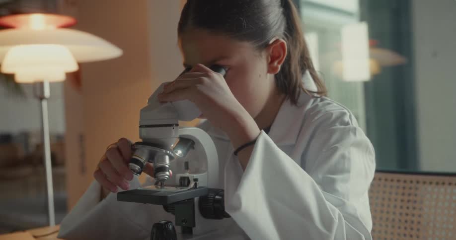 Woman interacting with a microscope