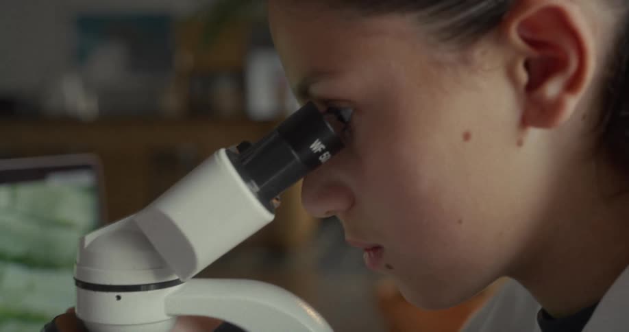 A scientist looks through a microscope