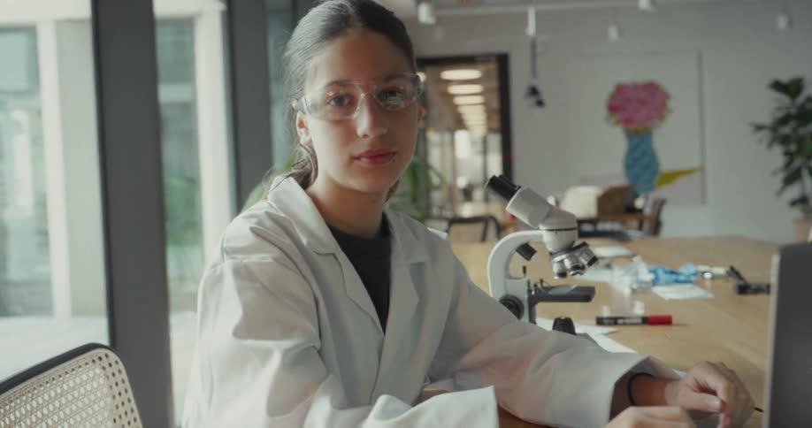 Close up portrait of a young female scientist working at a table in a lab during daytime