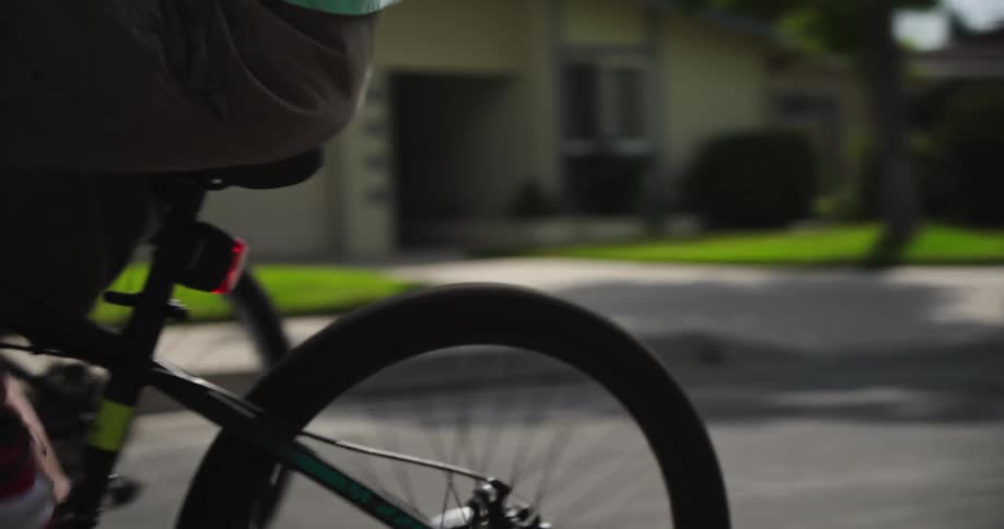 A family ride bicycles along a sunlit suburban street lined with palm trees and modest houses