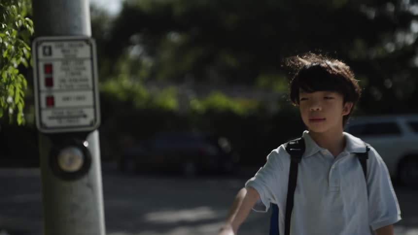 The video shows a child with a blue backpack and lightcolored shirt at a crosswalk on a sunny day they press the crosswalk button and look around seemingly waiting to cross the street