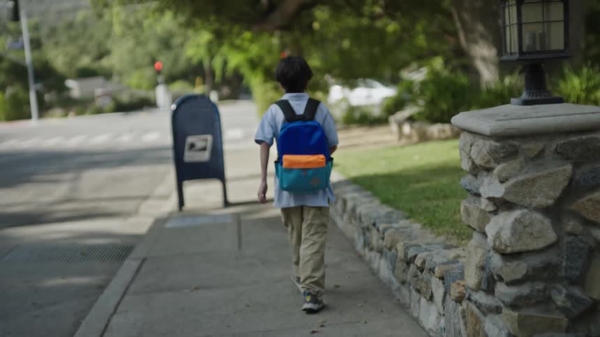 Boy hops up and down from a raised lawn while walking on a sidewalk during the daytime