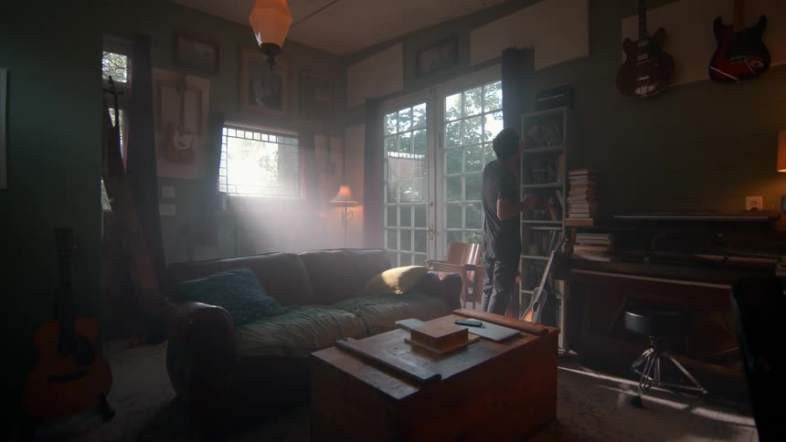 A person checks a bookcase in a sunlit room with green walls guitars bookshelves and a brown leather couch