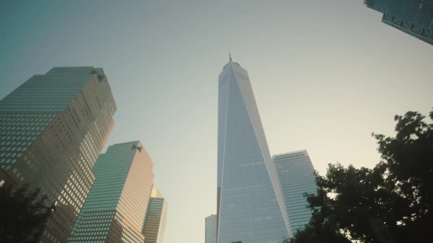 One world trade center stands among several modern office buildings with a bright morning sky in the background