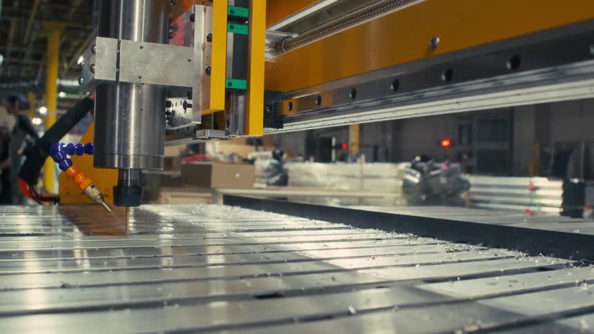 A milling machine cuts into a metal sheet on a factory floor surrounded by metal shavings