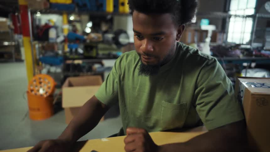 A focused individual with a neatly trimmed beard and a green tshirt is seen in a workshop environment they are intently operating a laptop and mouse possibly managing inventory or orders given the surrounding boxes and industrial equipment