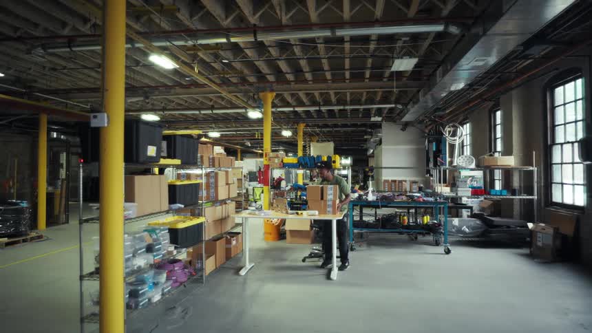 Man carrying boxes towards a table in a factory