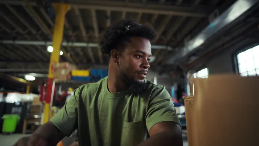 A person works at a laptop in a warehousestyle room filled with cardboard boxes