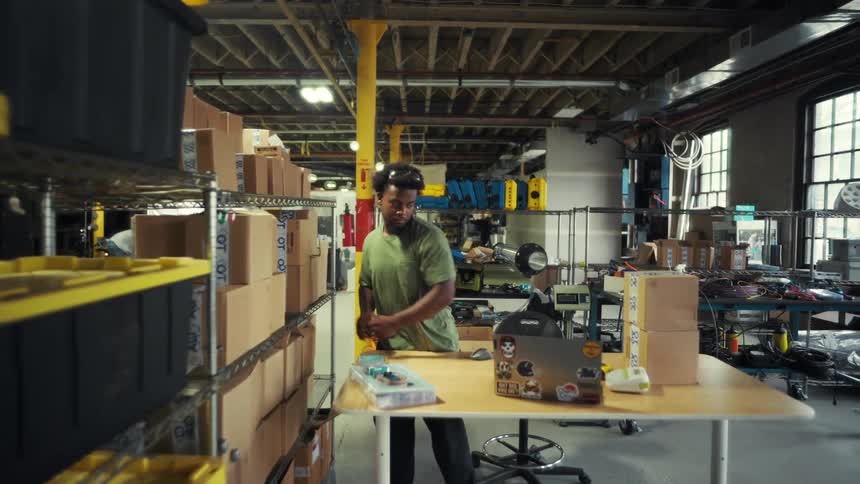 A man works in a busy warehouse organizing boxes and packages on industrial shelves