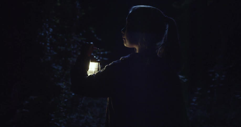 A woman with a ponytail holds a lantern while standing in a dark forest at night