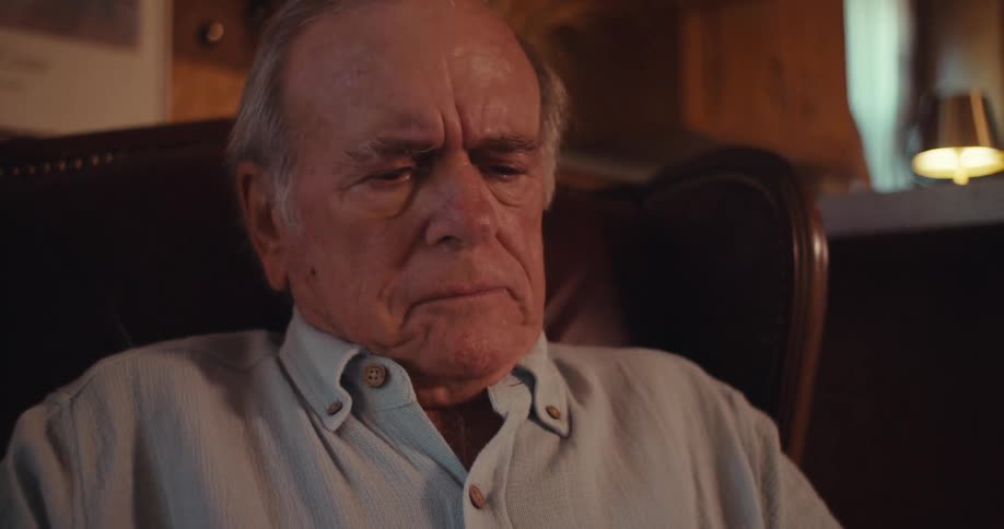 Elderly man sitting in a leather armchair interacting with a smartphone