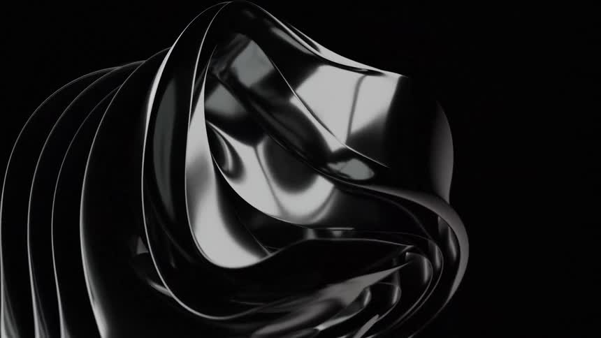 Thin ribbon like glossy pieces curve and flow against a black background