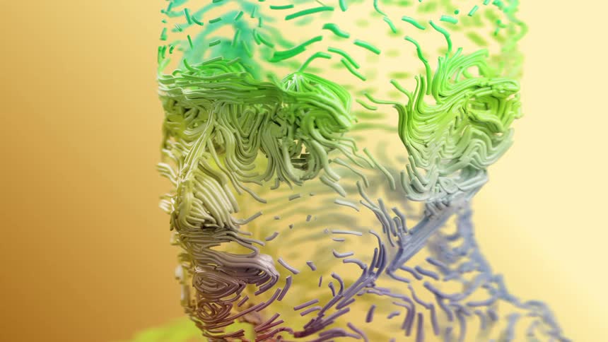 Short thin curving segments flow and change color while creating a humanoid shape
