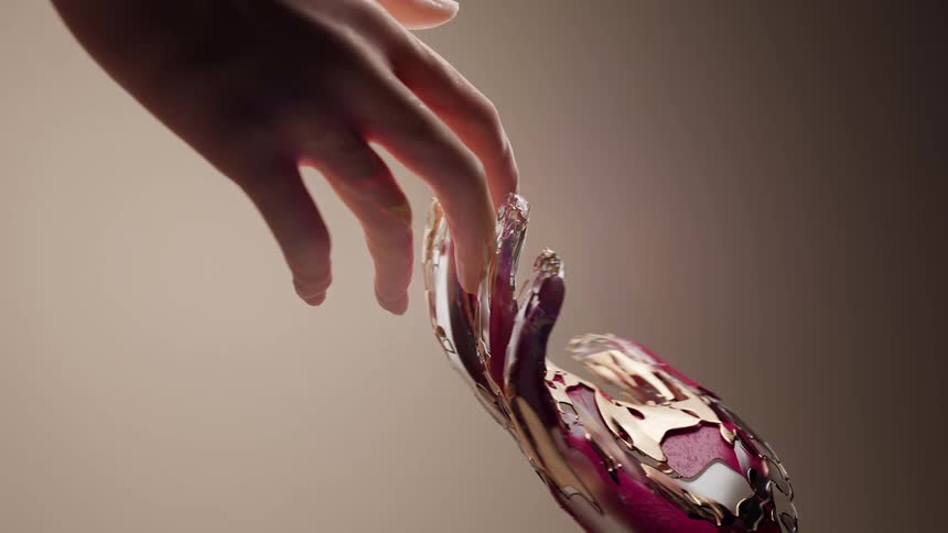 A hand is touching a metallic hand in the animation