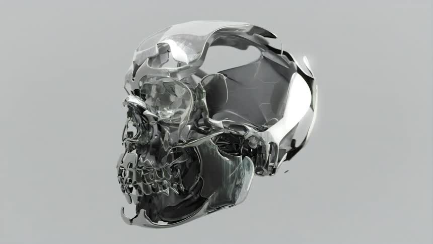 Animation of a reflective translucent skull turning