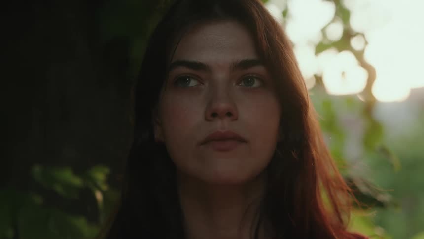 A young woman is outdoors in the woods looking around and observing her surroundings
