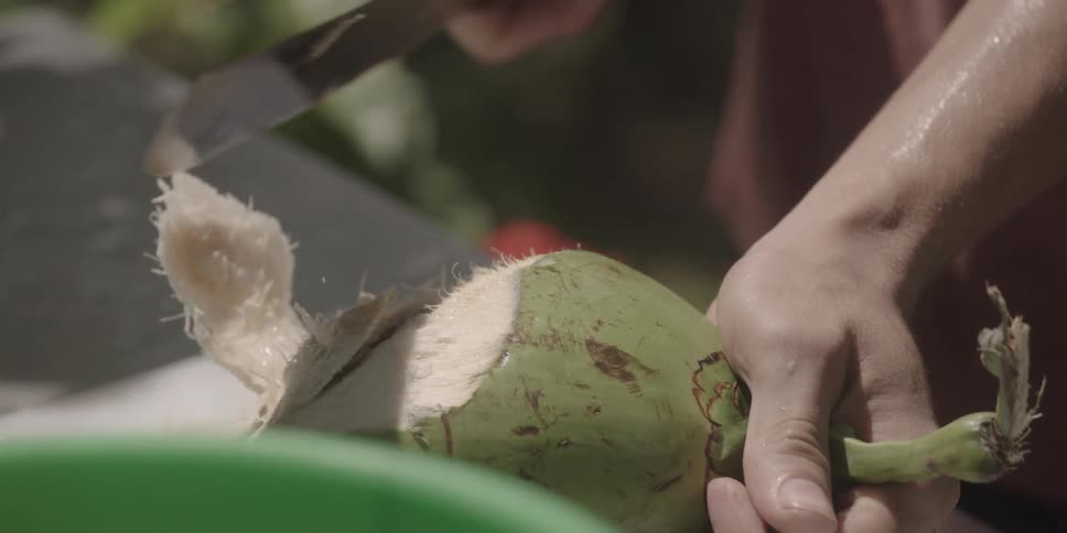 Hand with knife cutting a green coconut