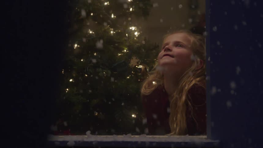 A child is watching the snow fall from inside