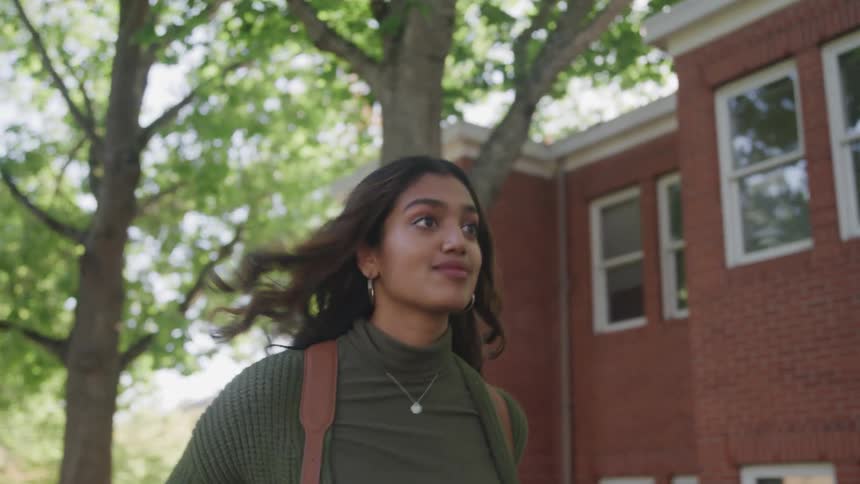 The student is walking through campus while smiling