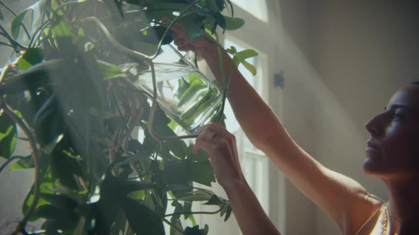 Female watering plant hanging near a window with a clear pitcher