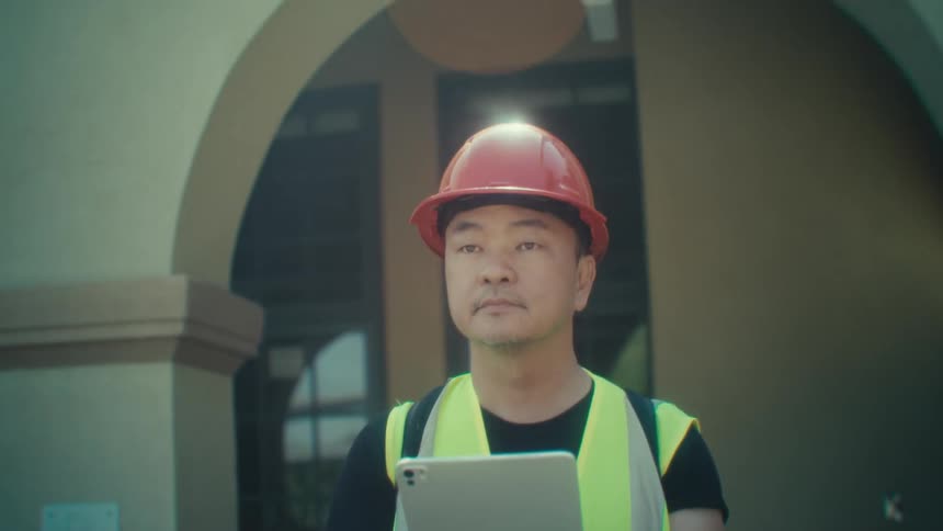 A man walks through a home renovation with a tablet in hand