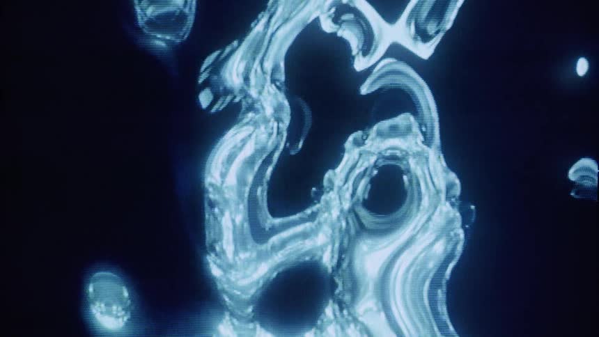 An abstract display of glowing liquid like blue and white forms swirling and stretching against a dark background creating a dynamic and fluid visual effect