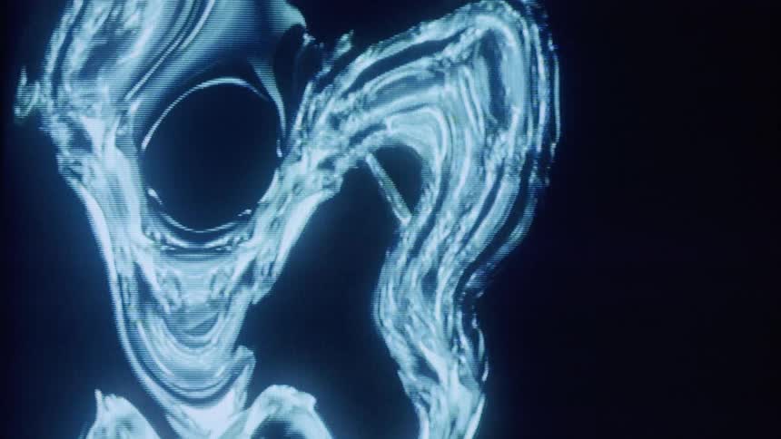 Abstract glowing blue and white liquid like shapes undulating and transforming against a dark background